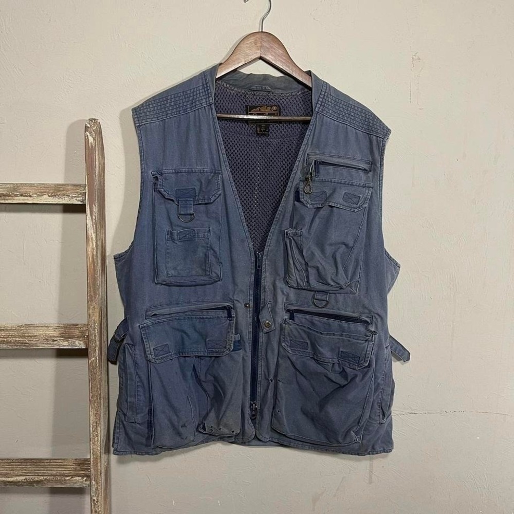 Vintage 80s Eddie Bauer Faded Blue Fishing Zip Vest‎ size Large